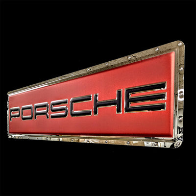 embossed mirror polished stainless steel sign garage décor Porsche side