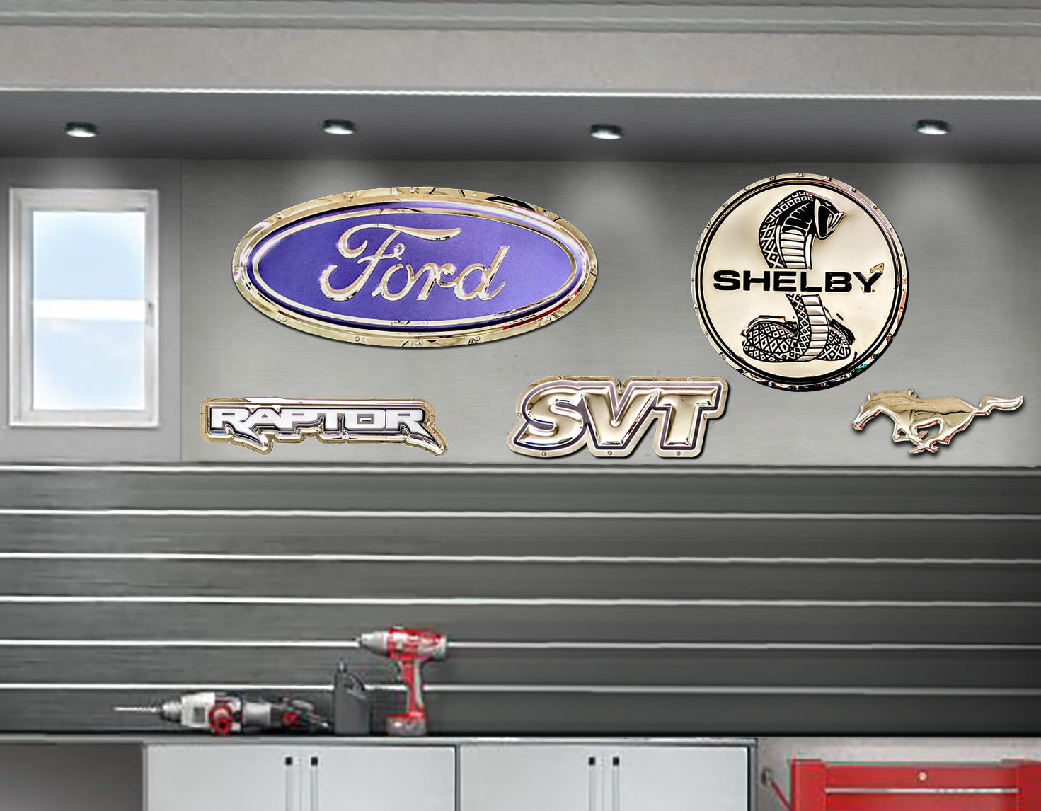 embossed mirror polished stainless steel sign décor ford svt on garage wall