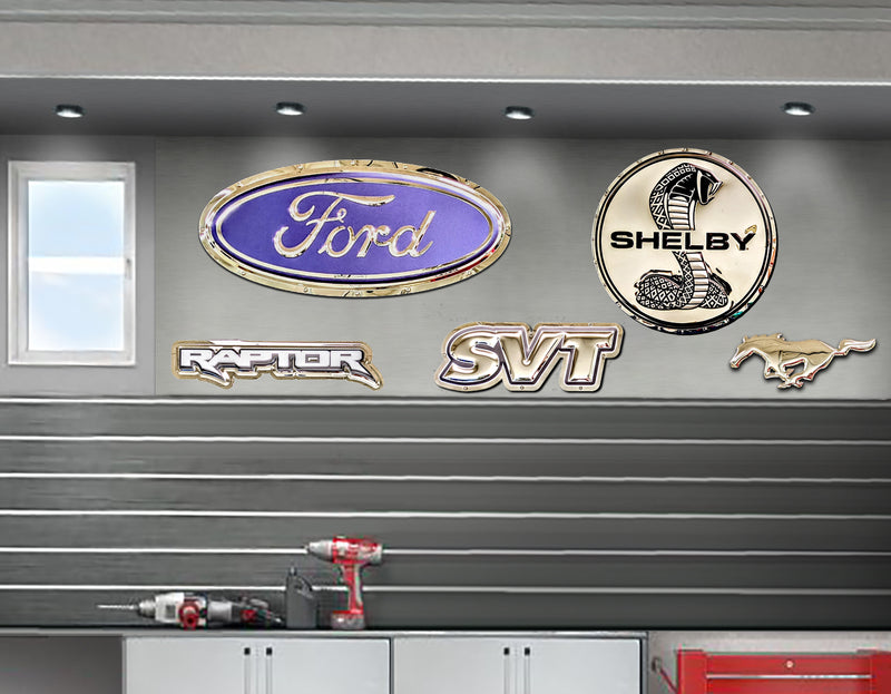 embossed mirror polished stainless steel sign décor ford svt on garage wall