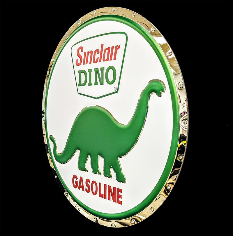 embossed mirror polished stainless steel sign garage décor Sinclair Dino side
