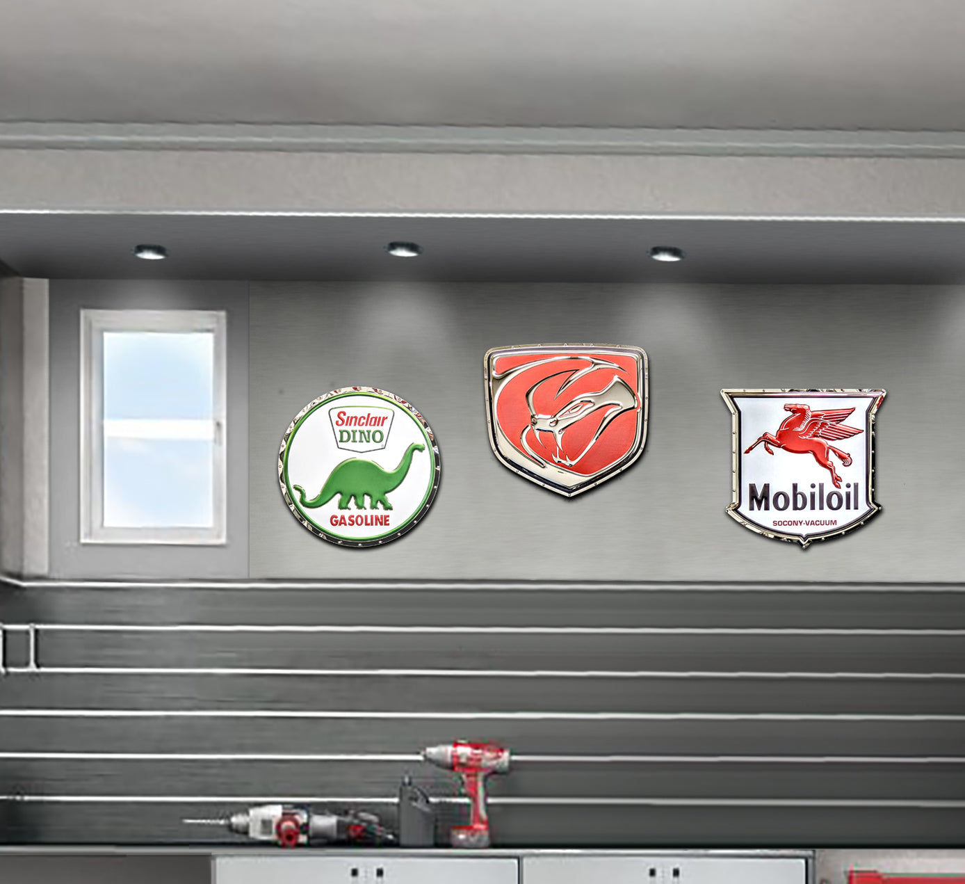 embossed mirror polished stainless steel sign décor dodge viper stryker on garage wall
