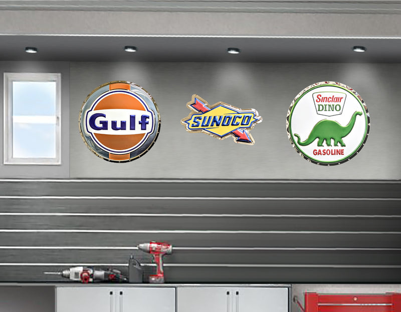 embossed mirror polished stainless steel sign garage décor Sunoco on wall