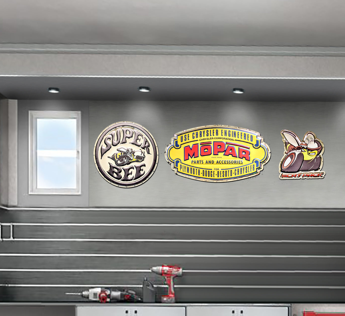 embossed mirror polished stainless steel sign décor dodge scat pack bee on garage wall