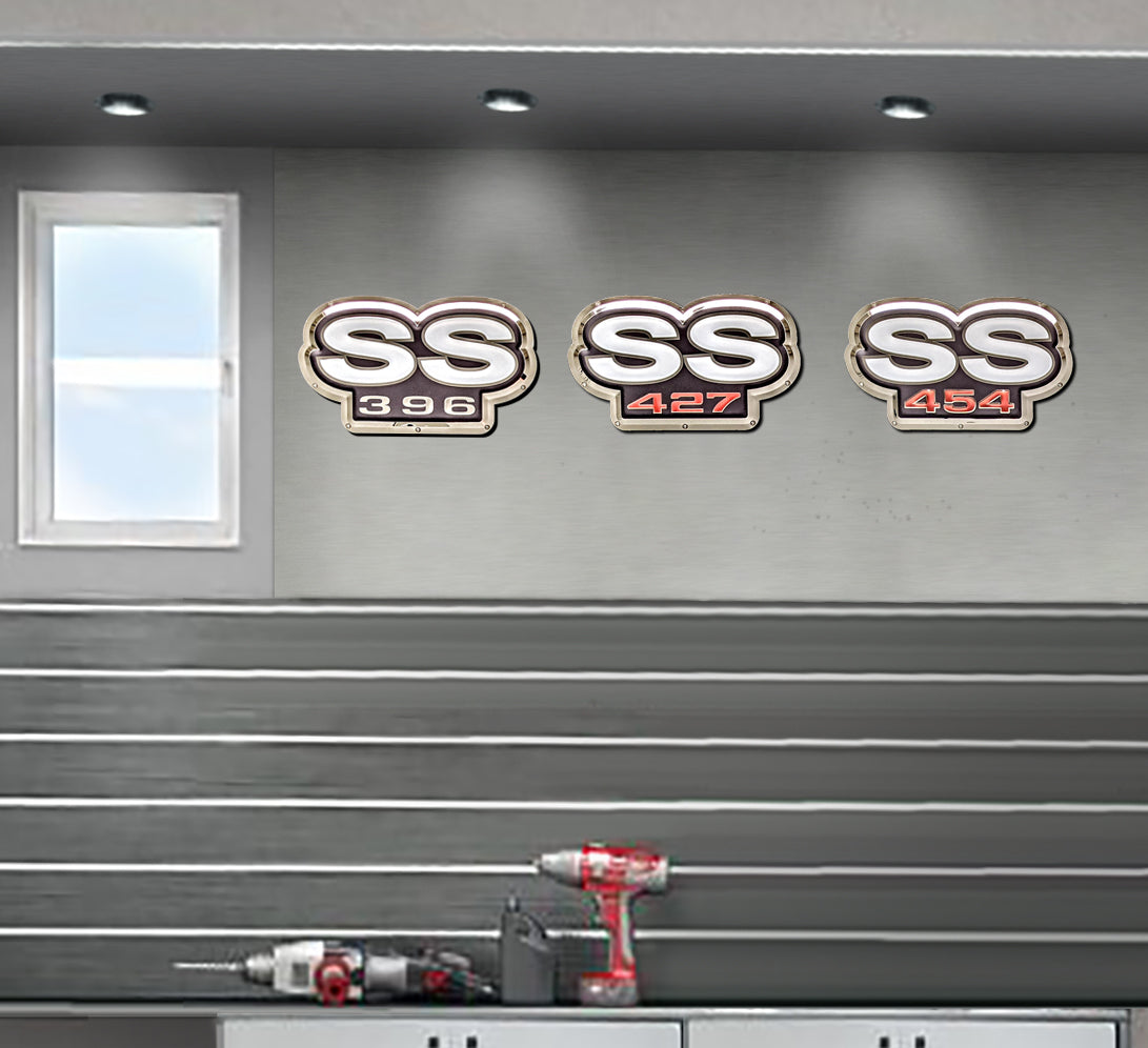 embossed mirror polished stainless steel sign Super Sport 427 396 454 on wall