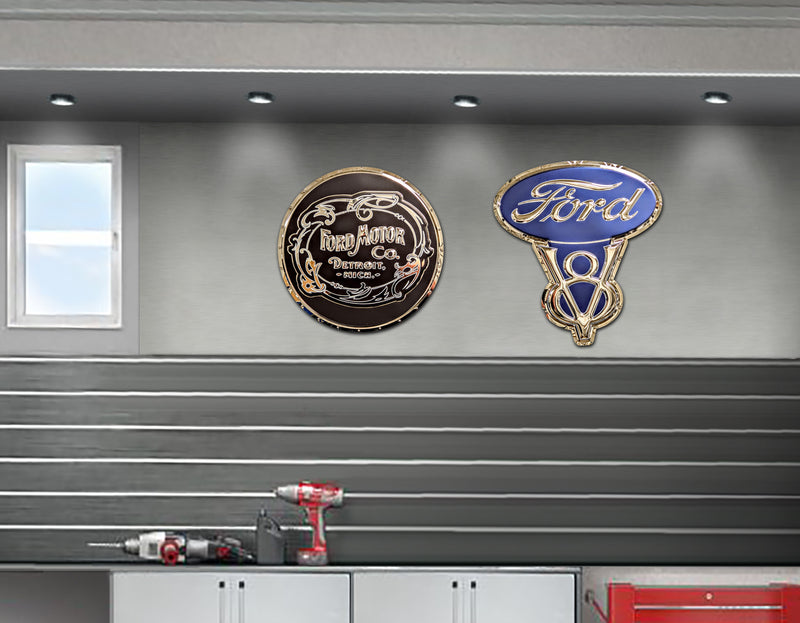 embossed mirror polished stainless steel sign ford v8 on wall