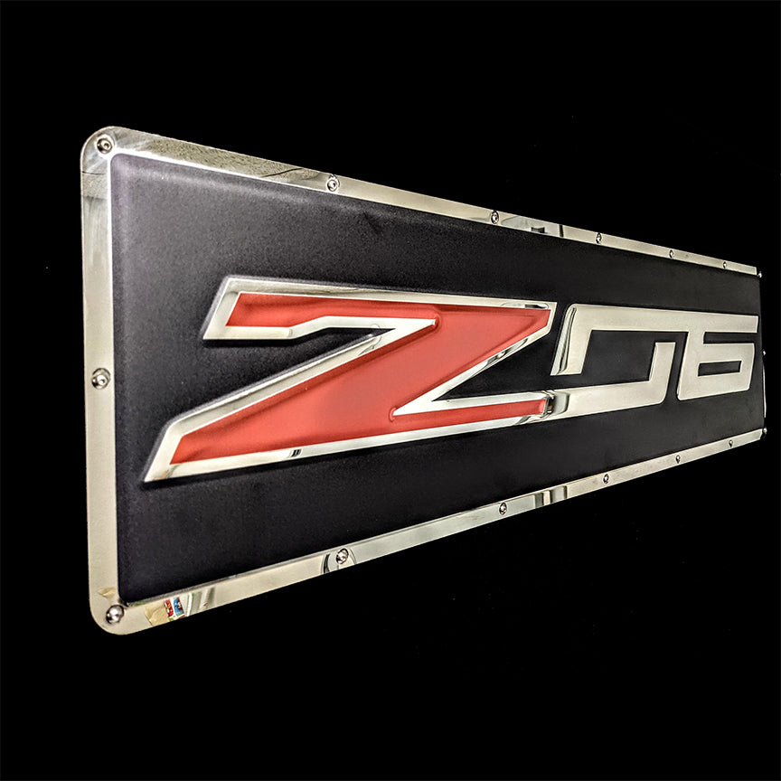 embossed mirror polished stainless steel sign décor Corvette c7 z06 side view