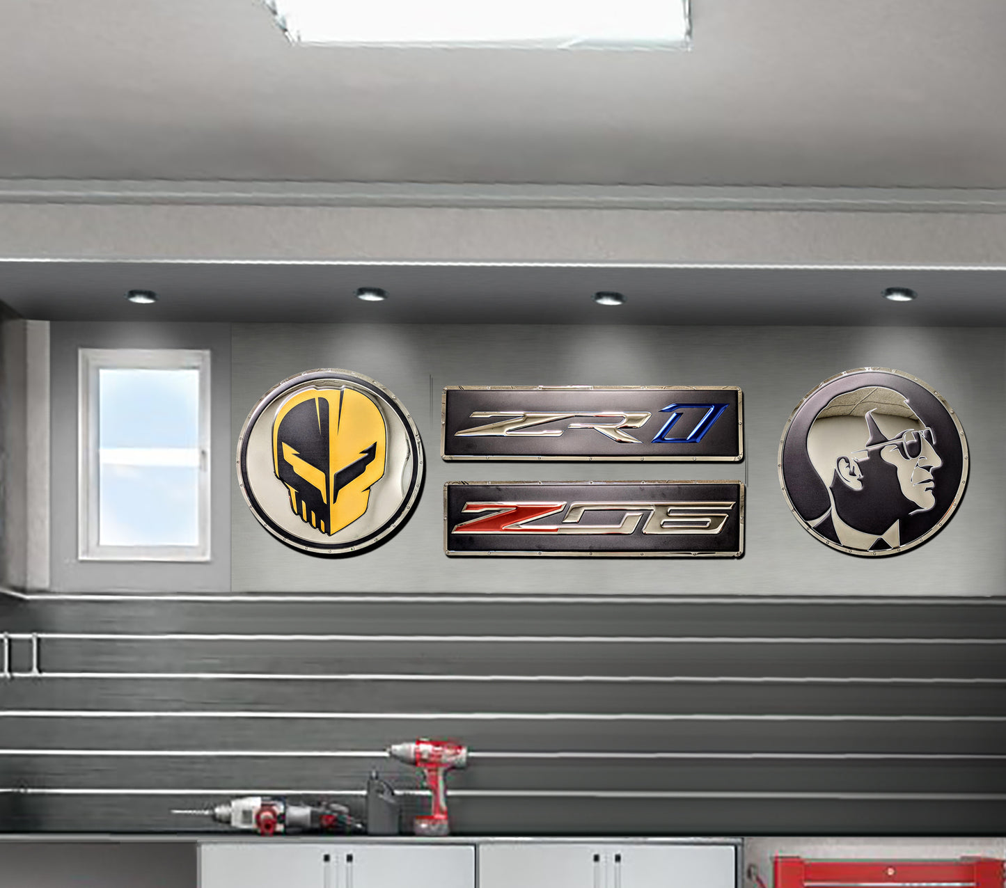 embossed mirror polished stainless steel sign décor Corvette c7 z06 on wall
