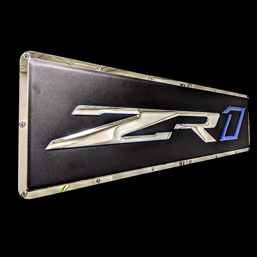 embossed mirror polished stainless steel sign décor Corvette c7 zr1 side view