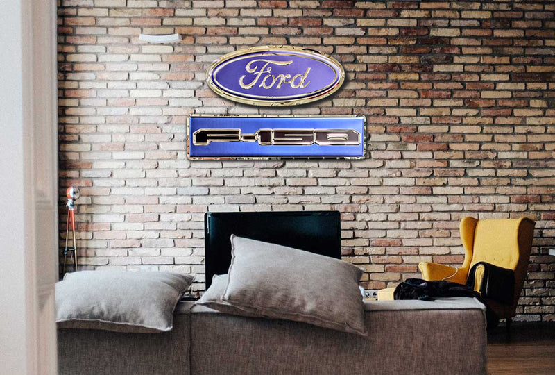 embossed mirror polished stainless steel sign décor ford f-150 truck on wall