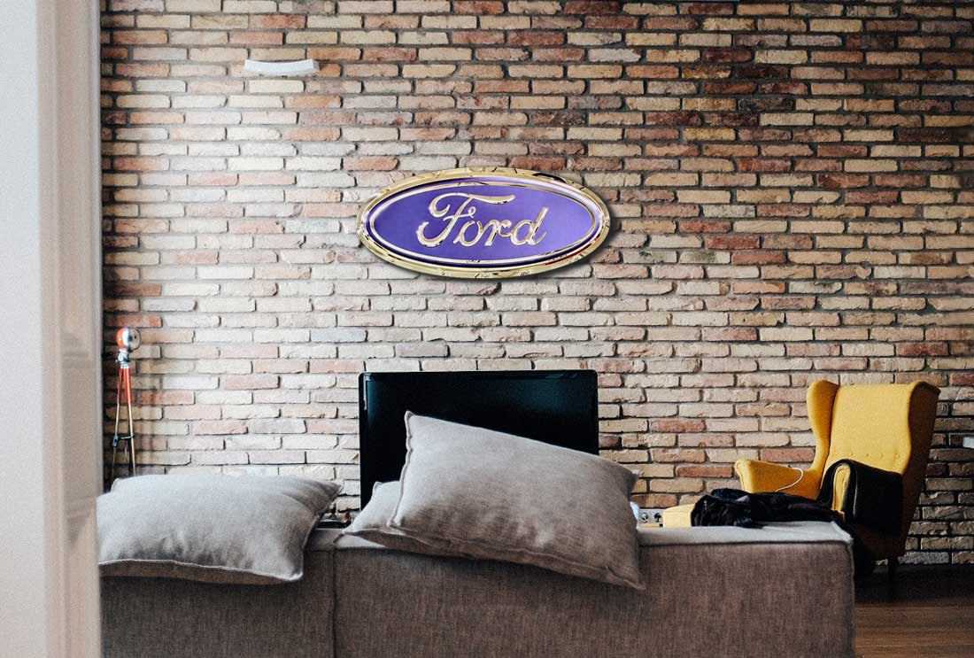 embossed mirror polished stainless steel sign décor ford blue oval on wall