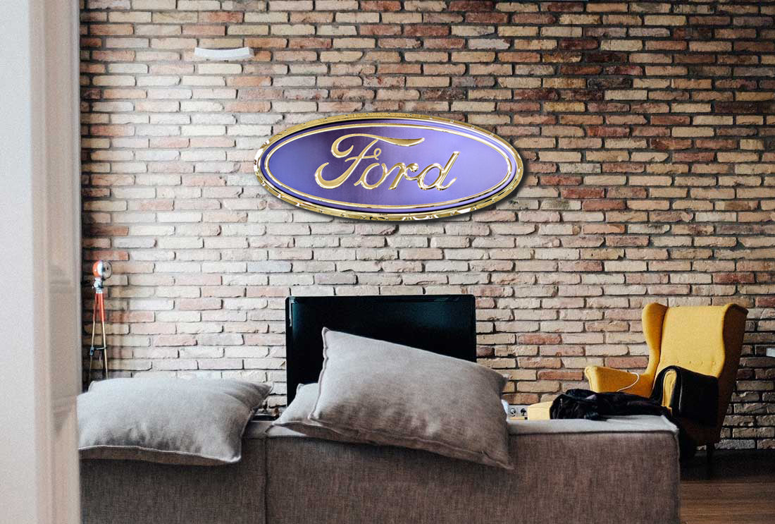 embossed mirror polished stainless steel sign décor ford blue oval on wall