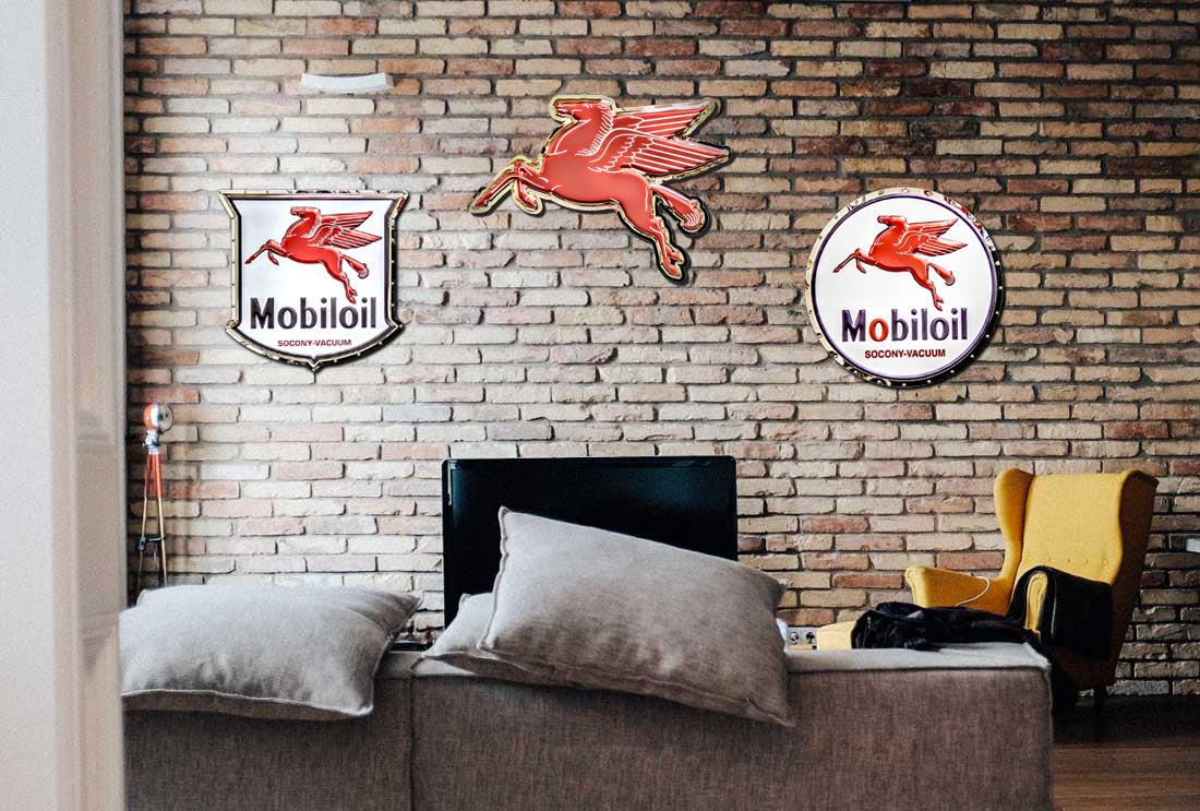 embossed mirror polished stainless steel sign garage décor Mobil Pegasus on wall