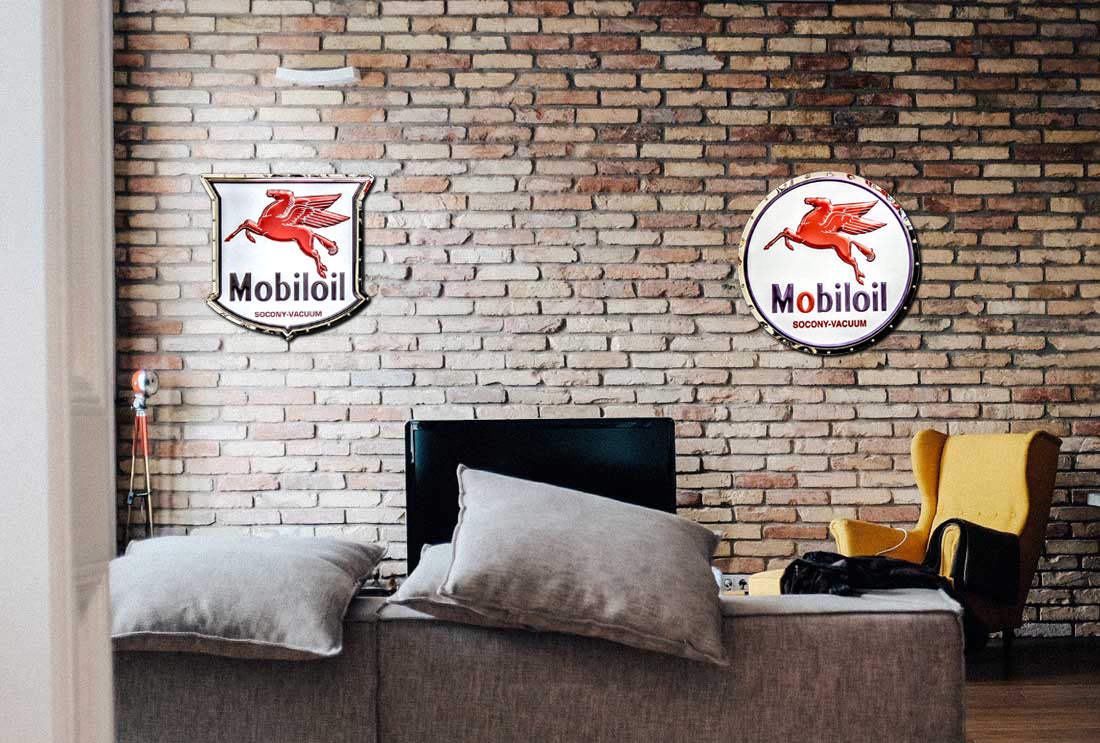 embossed mirror polished stainless steel sign garage décor Mobil Pegasus on wall