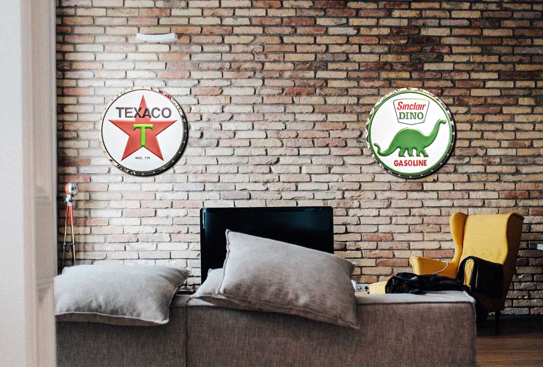 embossed mirror polished stainless steel sign garage décor Sinclair Dino on wall
