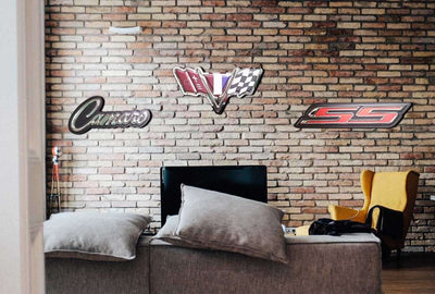 embossed mirror polished stainless steel sign décor Chevrolet super sport on wall