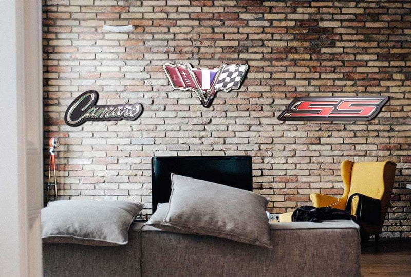 embossed mirror polished stainless steel sign décor Chevrolet super sport on wall