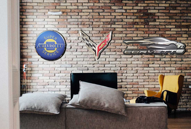 embossed mirror polished stainless steel sign décor corvette c8 on wall