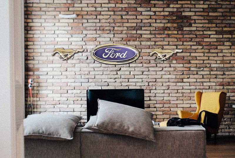 embossed mirror polished stainless steel sign décor ford mustang on wall